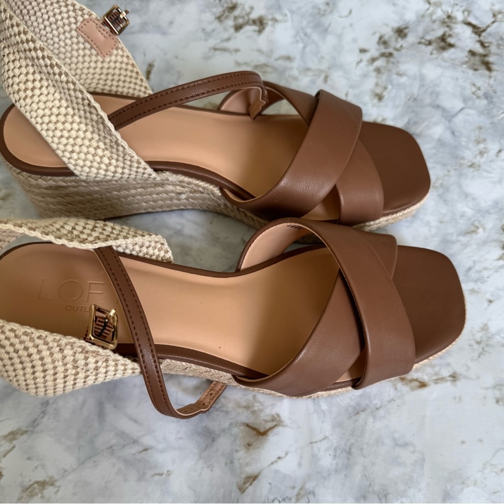 LOFT Brown Wedge Sandals with Crisscross Straps